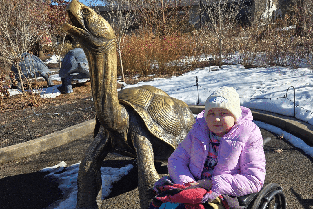 Young girl in wheel chair by turtle statue at the Zoo.